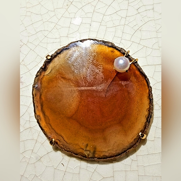 Vintage slice agate semi-precious stone with pearl insets brooch and pendant - Picture 3 of 6